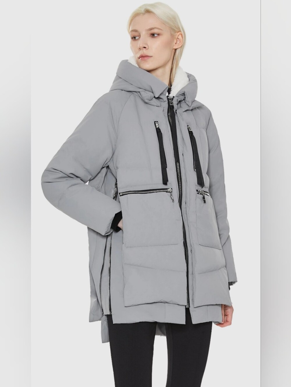 Orolay Thickened Down Puffer Jacket Gray Sherpa Hood Multi Zipper Coat Small